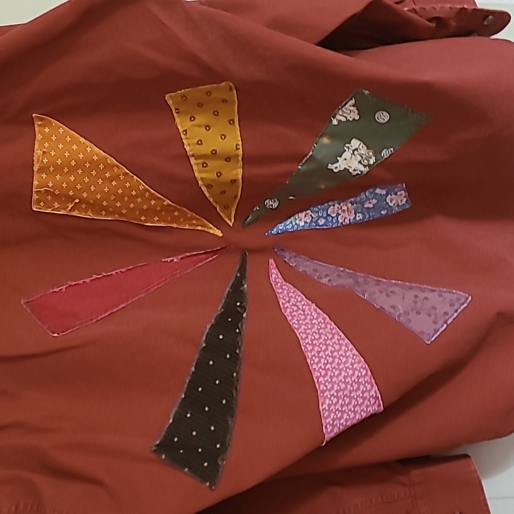 Rust Orange Button-Up Shirt with Mushroom Patch And Starburst Pattern On Back